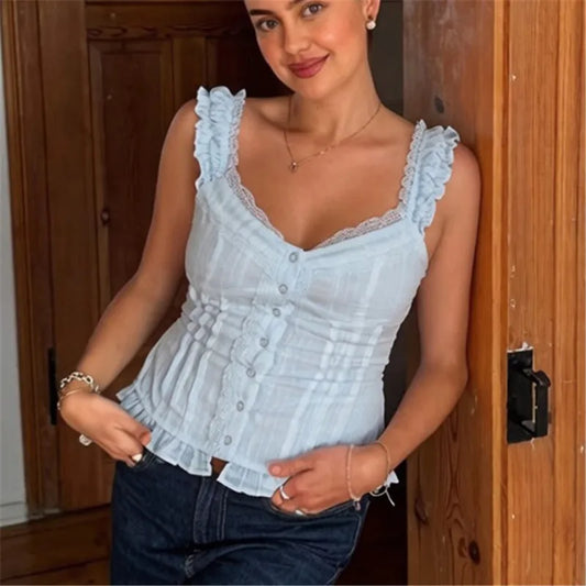 Women Camisole Sleeveless Tank Tops Backless Button Closure Lace Patchwork Slim Fit Summer Vest for Party Club