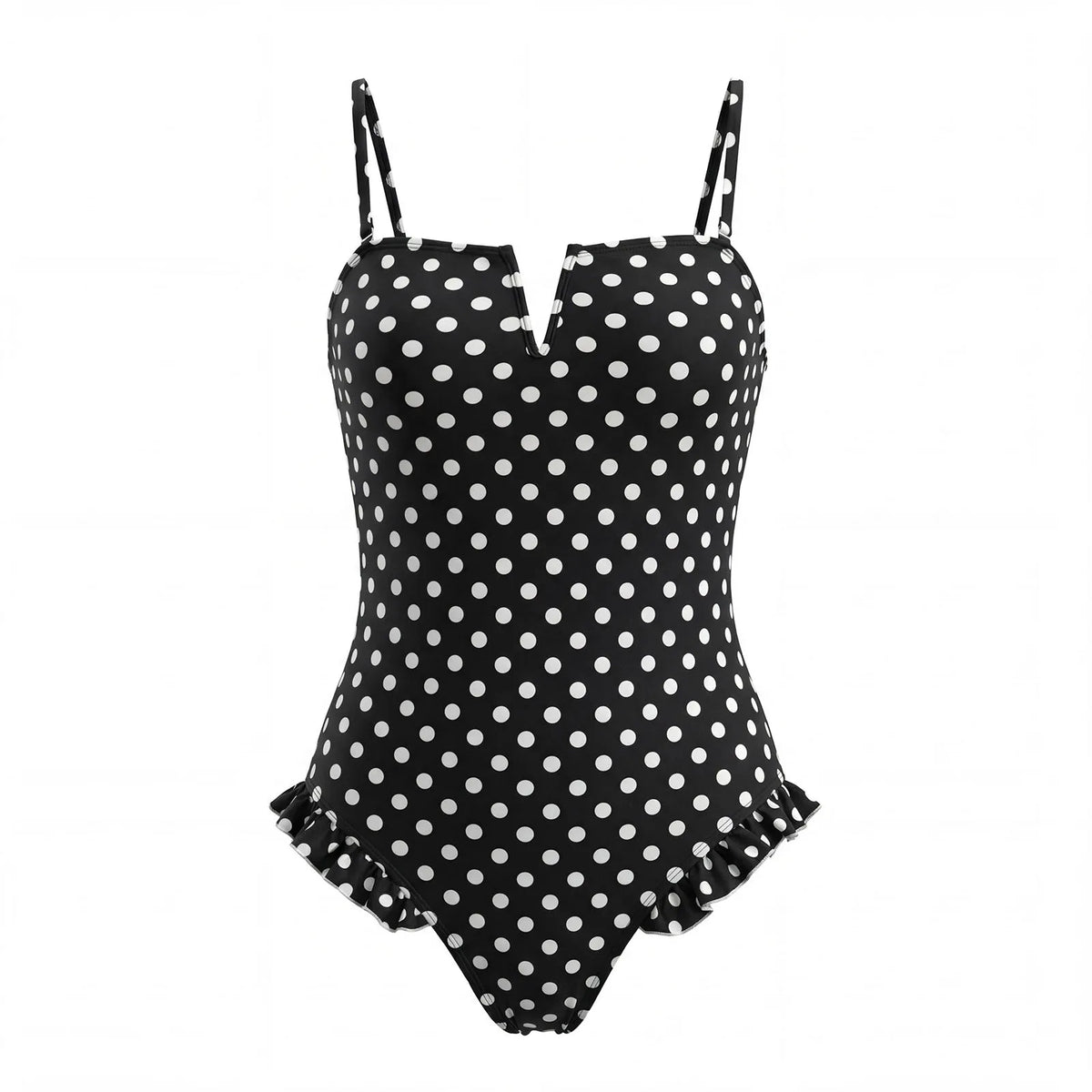 Polka Dot Swimsuit Strapless V Neck Ruffle Trim Tummy Control Bathing Suit for Women Beachwear Summer Vacation PoolParty