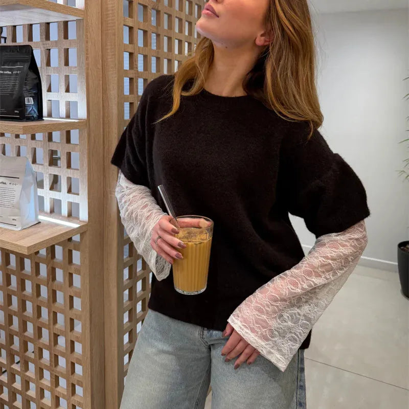 Women Fake Two Piece Sweater Lace Patchwork Long Sleeve Fuzzy Knit Top Crew Neck Loose Pullover Fall Winter Streetwear
