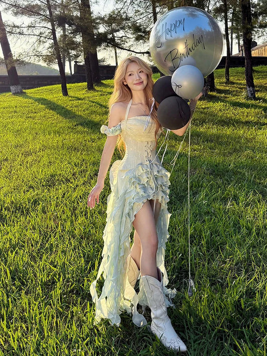 Y2K 3d Flowers 2-Piece Set Women Chic Gradient Cross Bandage Waist Seal+Halter Tassel Tierred Dress Matching Clubwear