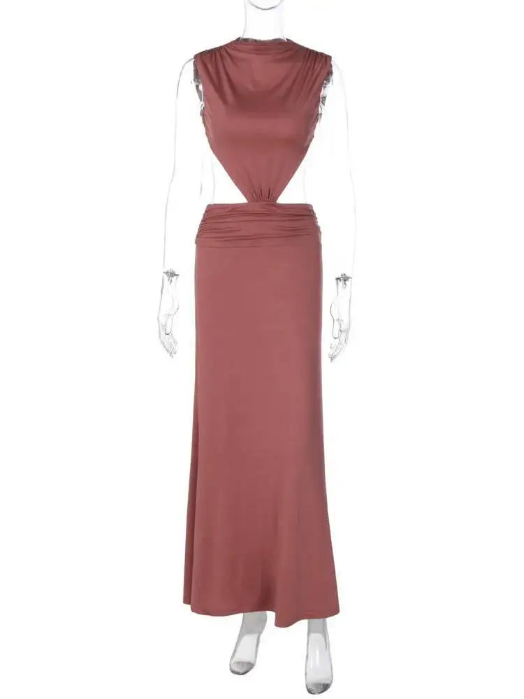 Women Cutout Backless Sexy Maxi Dress Elegant High Neck Sleeveless Ruched Bodycon Club Party Beach Long Dress Fashion