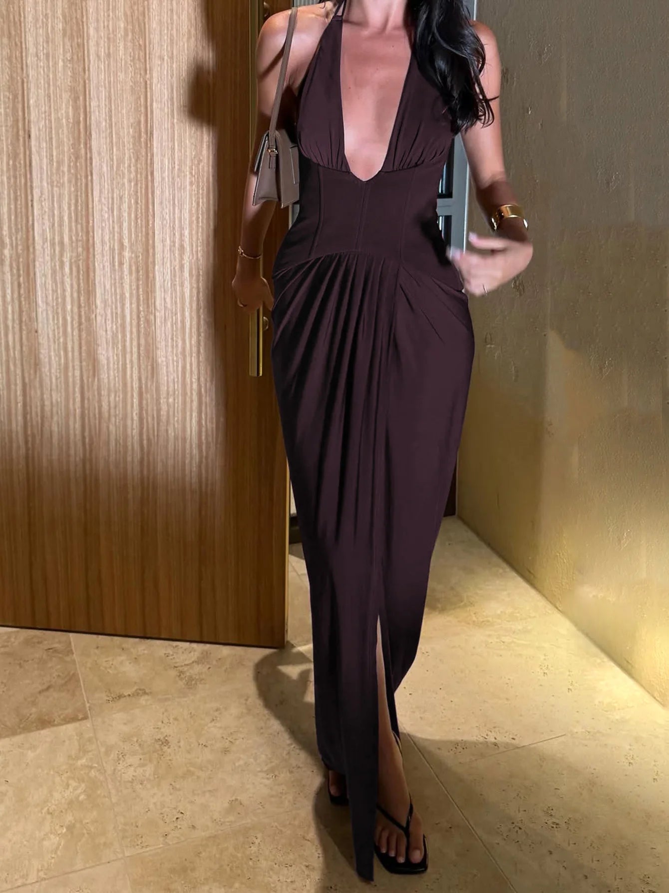 Deep V Neck Backless Slit Maxi Dress Brown 2026 Summer Classic Party Dresses for Woman Elegant