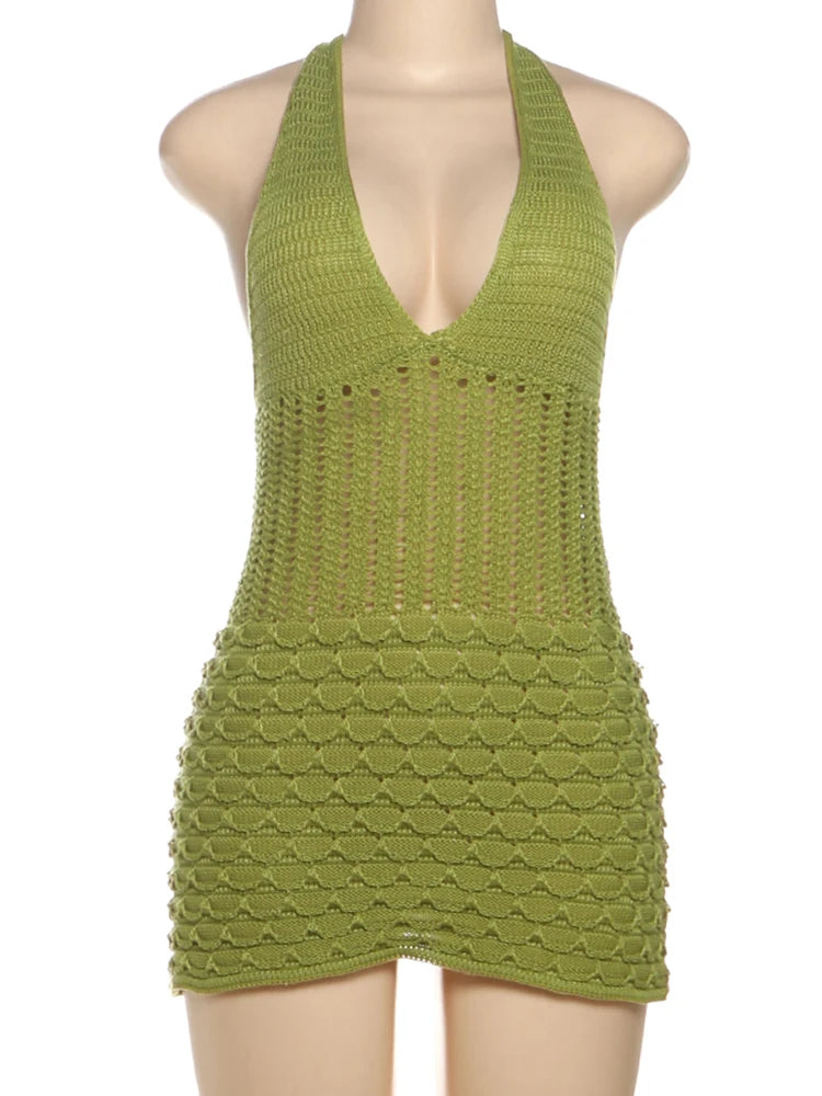 Crochet Elegant Short Dress Women Sexy See Through Bandage Halter Backless Sleeveless Skinny Peach Hip Mini Bodycon