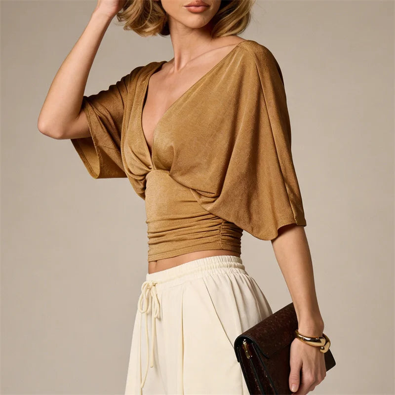 Sexy Deep V-Neck High-Waisted Spliced T-Shirt Women Fashion Solid Waist Shaping Short Sleeves Top Summer Street T-Shirt