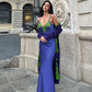 Lace Trim Satin Blue Sexy Dress for Woman Spaghetti Strap Deep V Neck Backless Long Maxi Dresses Summer 2024