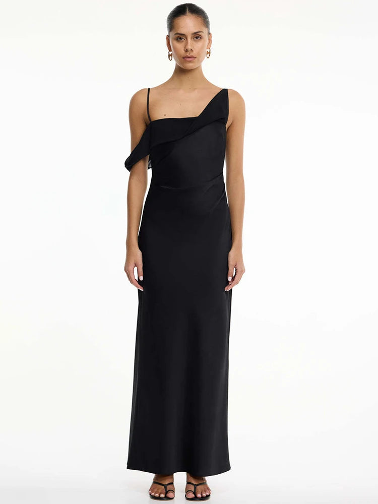 Women Satin Maxi Dress Elegant Spaghetti Strap Evening Party Gown Elegant Draped Formal Wedding Guest Long Dress
