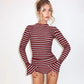 Woman Clothing 2 Pieces Set Striped Outfits for Night Out Long Sleeve Top and Shorts Matching Sets