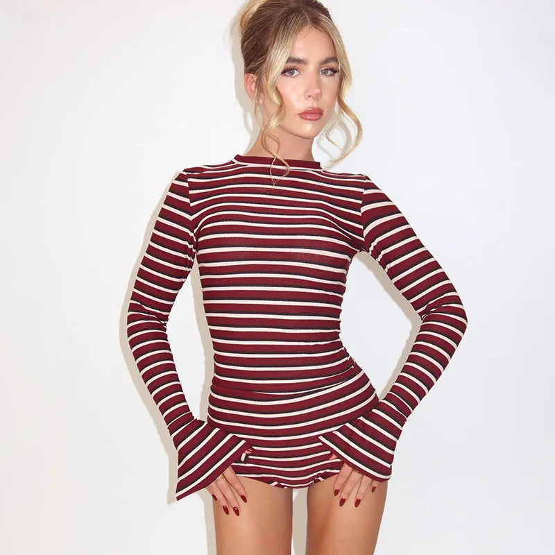 Woman Clothing 2 Pieces Set Striped Outfits for Night Out Long Sleeve Top and Shorts Matching Sets