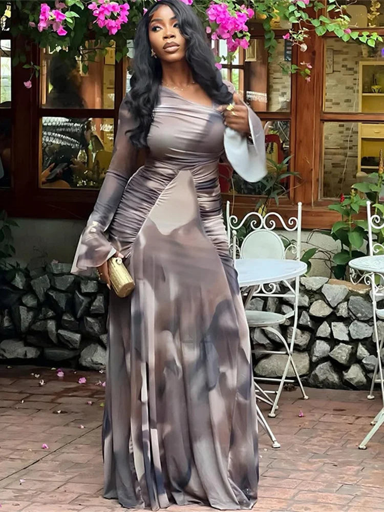 Sexy Tie Dye Dress Women Patchwork Mesh Ruched Flared Long Sleeve Stretch Tight Midnight Party Street Long Bodycon