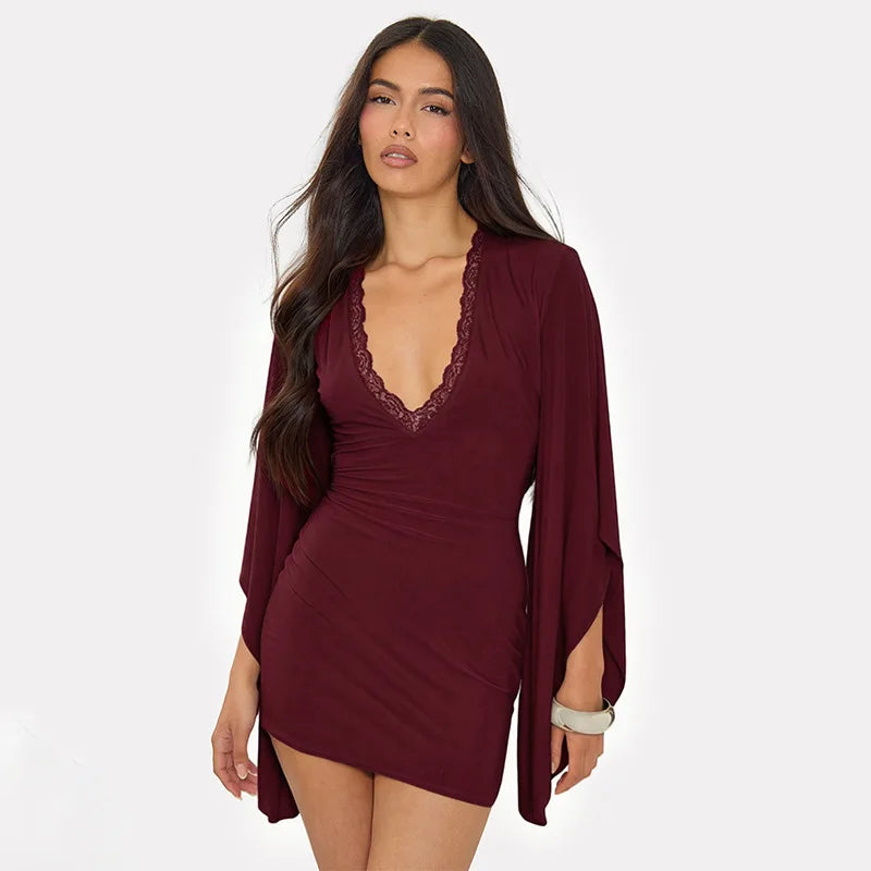 Flare Sleeve Plunge Lace Trim Mini Dresses Fall 2026 Classy White Dress for Woman Party Wear