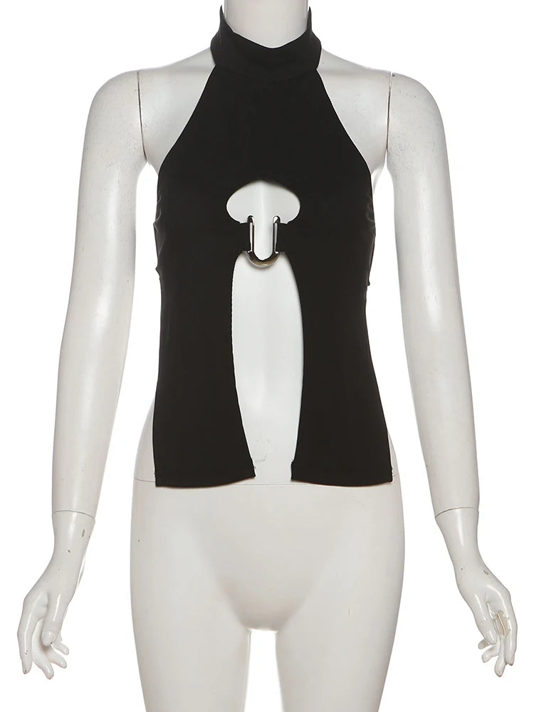 Metal Ring Tank Tops Women Y2K Chic Split Navel Backless Coquette Buttons Halter Sexy Hottie Midnight Wild Basic Vest
