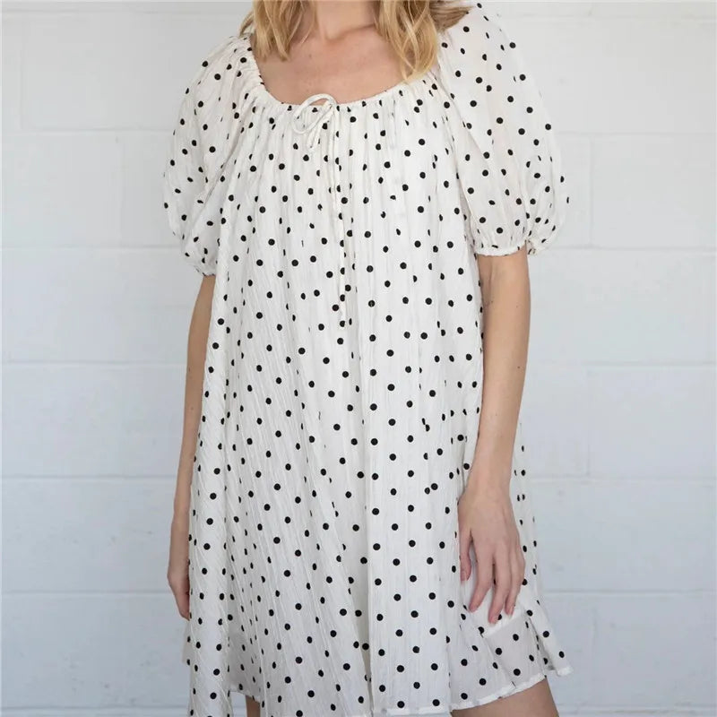 Women's French Retro Polka Dot Babydoll Mini Dress Square Neck Puff Sleeve Loose Fit Swing Dress Casual Summer Sundress