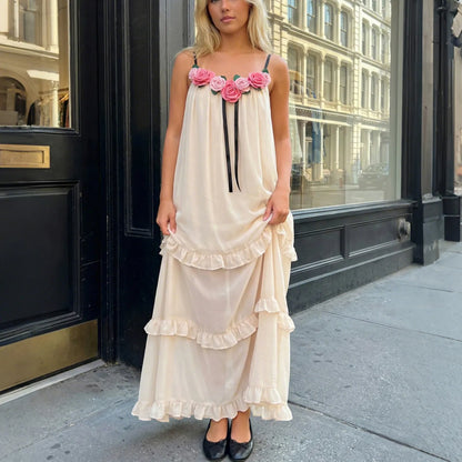 Women Long Dress 3D Floral Decor Sleeveless V-Neck Cami Dress Summer Fashion Ruffles Casual Spaghetti Strap Party Dress