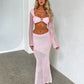 Women's Crochet Knit 2 Piece Skirt Set Hollow Out Crop Top Long Sleeve Backless Tie Up Club Bodycon Dress Outfits