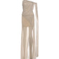 High Side Slit Maxi Dress Women Sleeveless Slanted Shoulder Mesh Tassel Solid Skinny Elegant Dinner Party Vestidos