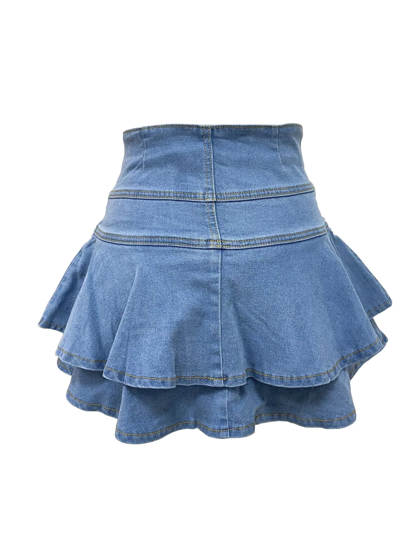 Sexy Denim Tierred Skirt Women Summer Casual High Waist A-line Buttons Beach Holiday Street Wash Blue Jeans Bottom