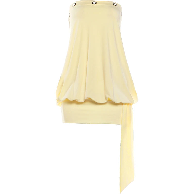 Tassel Decoration Mini Dress Woman Metal Rings Wrap Chest Backless Skinny Peach Hip Vacation Elegant Style Bodycon