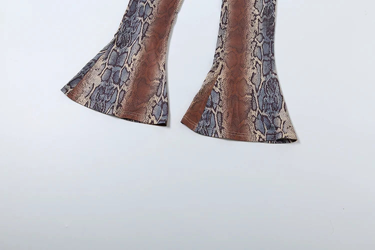 Hot Girls Serpentine Print 2Piece Set Woman o-Neck Full Sleeve Tops+Skinny Peach Hip Long Pants Street Sexy Fashion Suits