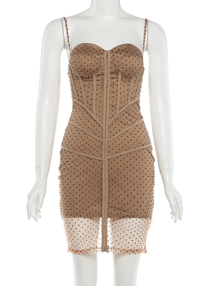Patchwork Polka Dot Print Mesh Folds Dress Women Line Decoration Low-Neck Sleeveless Summer Fashion Mid Sexy Bodycon
