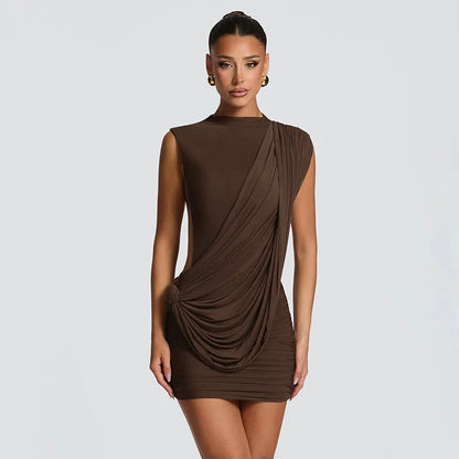 Asymmetric Ruched Mesh Sleeveless Backless Mini Dresses 2026 Woman Party Dress Brown White