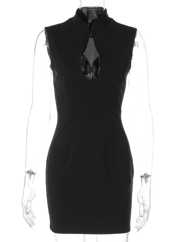 Plunge Neck Sleeveless Sexy Mini Dress Women Elegant Black Cut Out Hollow Out Slinky Club Party Dress Female Clothes