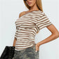 Summer Women's Striped Off-Shoulder T-Shirt with Ruched Side Short Sleeve Asymmetrical Neckline Casual Tops Daily Wear