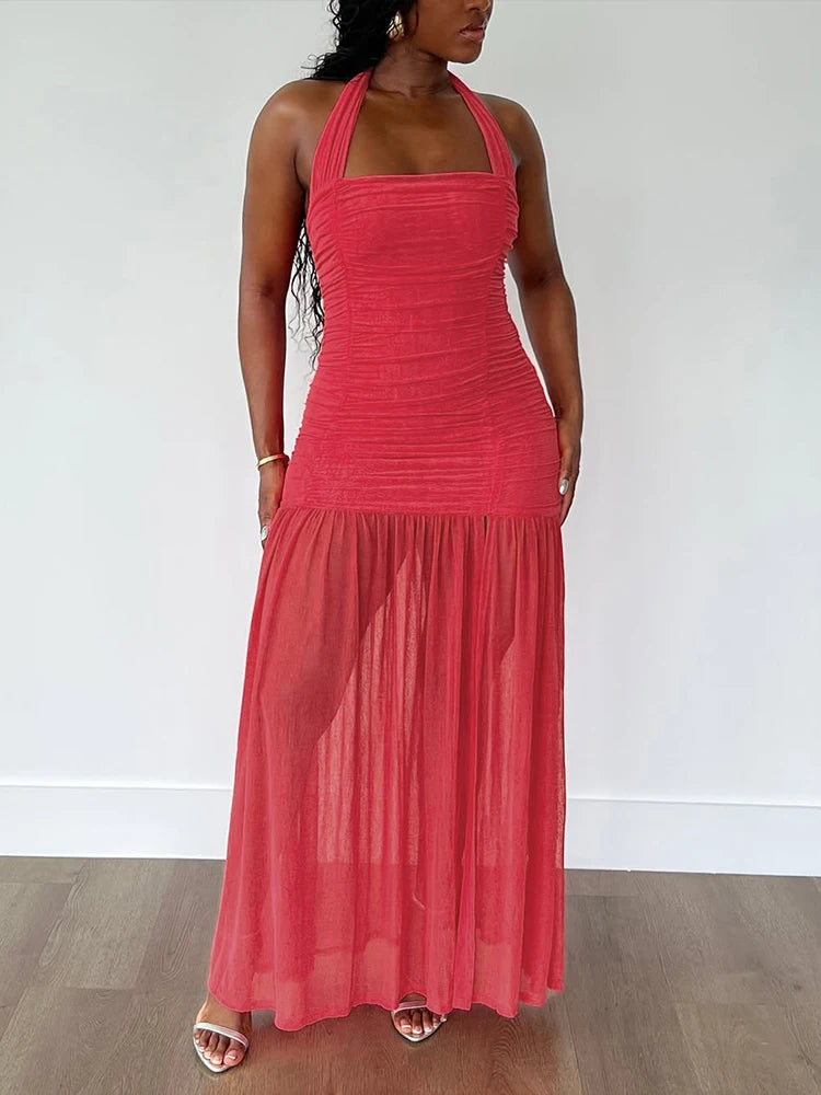 Ruched Halter Dress Women Summer Trend Sleeveless Backless Patchwork Mesh Hem Midnight Clubwear Party Maxi Bodycon