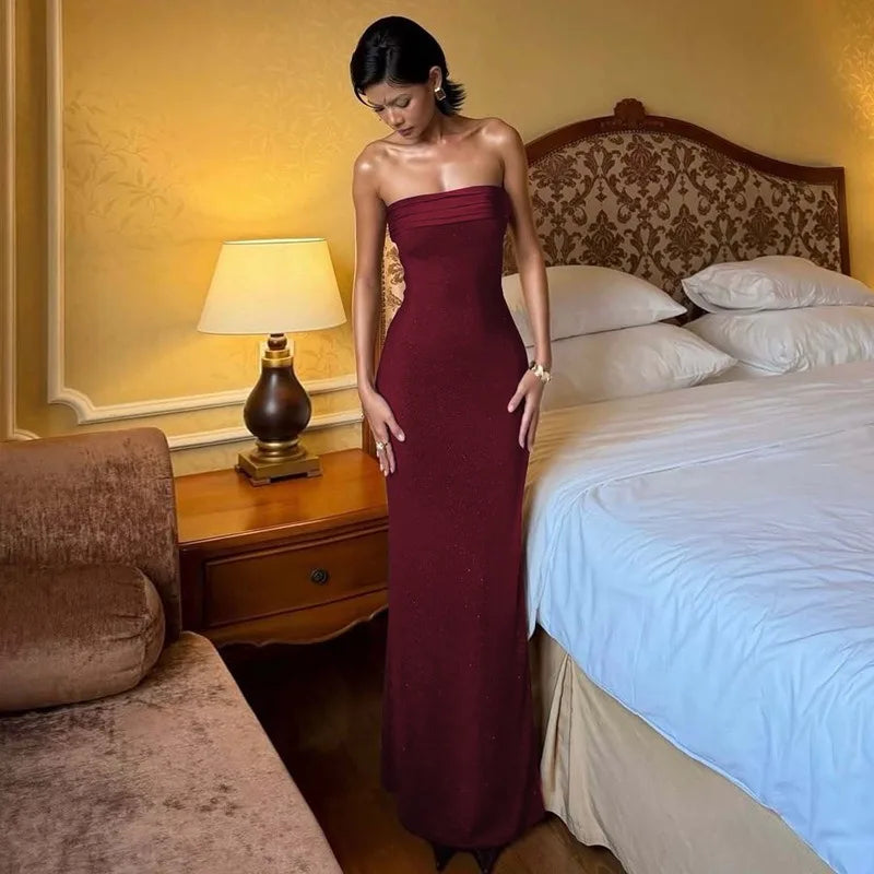 Glitter Burgundy Strapless Maxi Dress Elegant Evening Gown Sexy Birthday Mermaid Dresses Luxury 2026