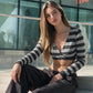 Gray Striped Knit Long Sleeve Wrap Crop Tops Deep V Neck High Quality Fall T Shirts Woman Clothing