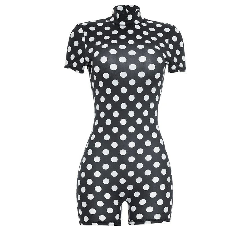 Polka Dot Print Playsuit Women Turtleneck Backless Skinny Short Sleeve Peach Butt Sexy Midnight Street Hottie Outfit