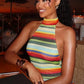 Colorful Stripe Halter Dress Women Sexy Backless Bandage Knit Thin Sleeveless Hottie Stretch Vacation Beach Clubwear