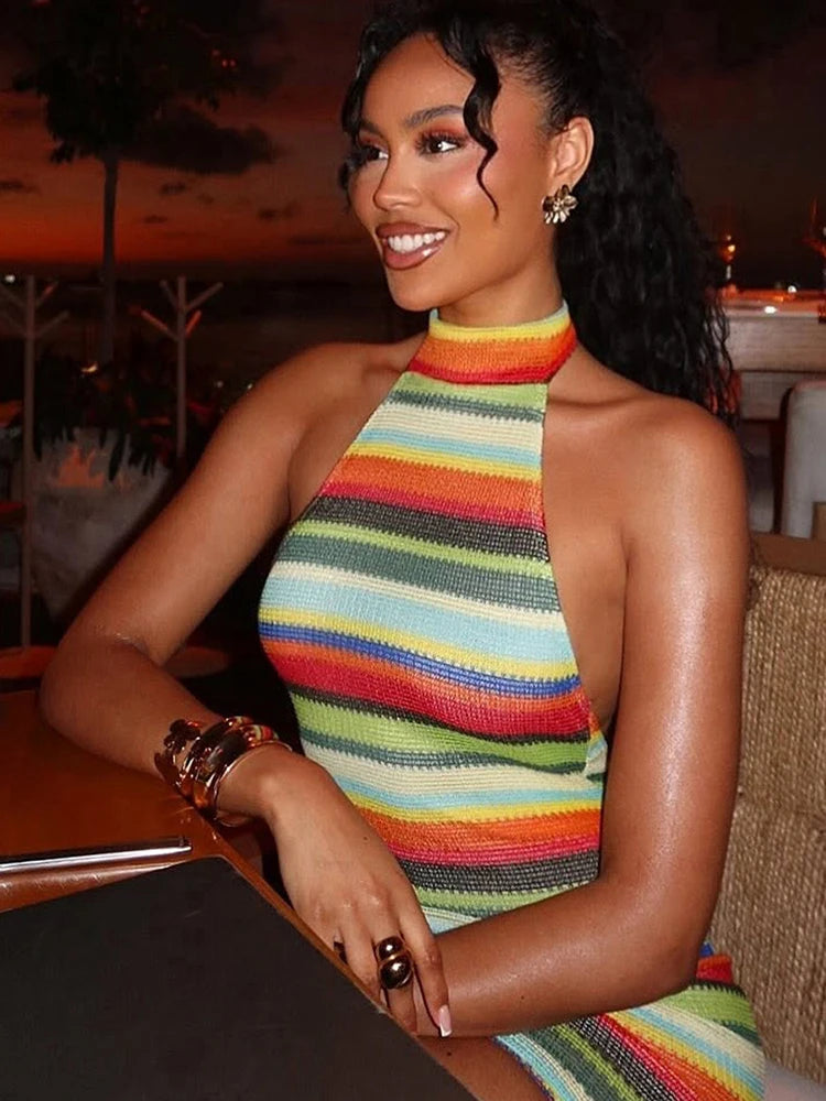 Colorful Stripe Halter Dress Women Sexy Backless Bandage Knit Thin Sleeveless Hottie Stretch Vacation Beach Clubwear