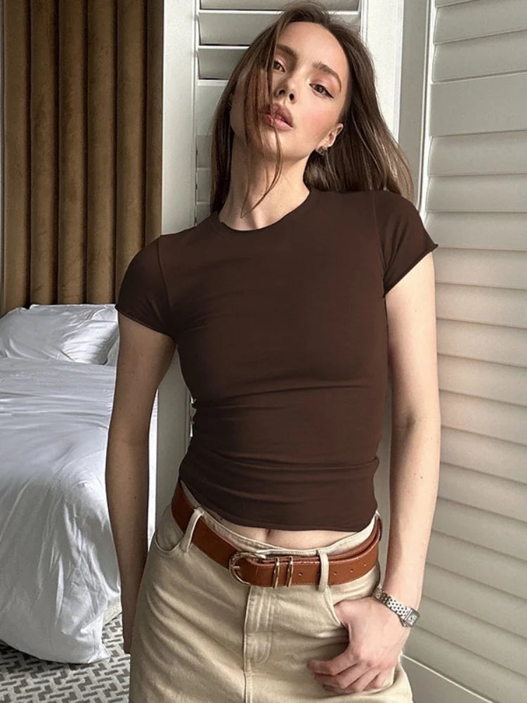 Crew Neck Short Sleeve Crop Tops Solid Color Basic Tight Fitted T Shirts Summer Clothes Woman