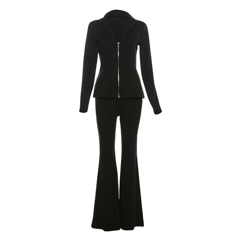 2 Piece Sets Zipper Deep V Long Sleeve Top and Flare Pants Suit Fashion Black Outfits Fall Clothes Women 2024