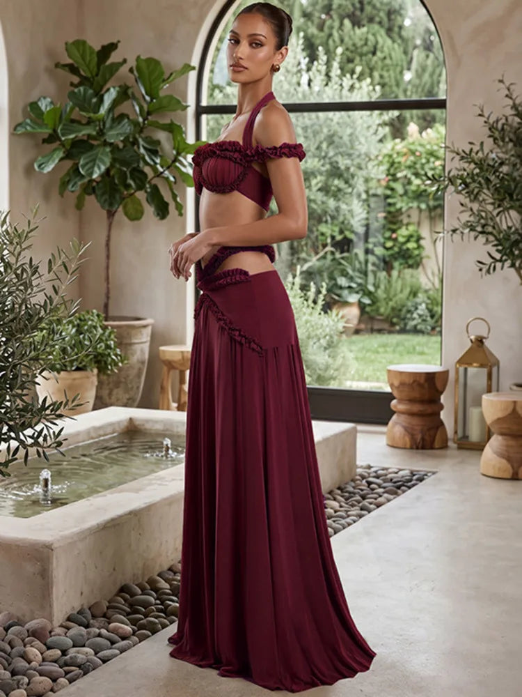 Women 2 Piece Maxi Skirt Set Halter Off Shoulder Ruffle Crop Top And Long Skirt Elegant Evening Party Matching Outfit