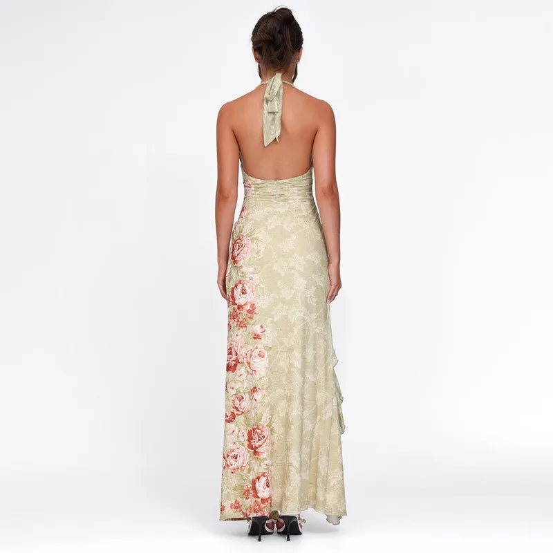 Floral Summer Dress for Women Elegant V Neck Backless Ruffled Split Maxi Dresses Sexy Resort Wear Woman