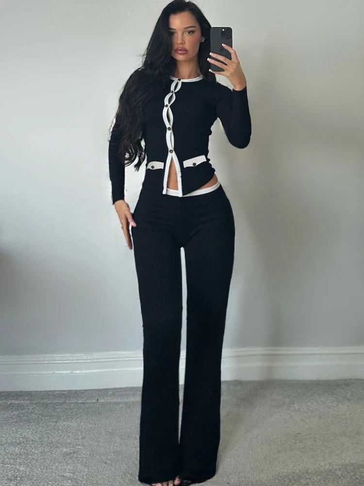 Casual Patchwork 2 Piece Set Women Single-Breasted Cardigan Full Sleeve Tops+Straight Pants Street Fashion Simple Set
