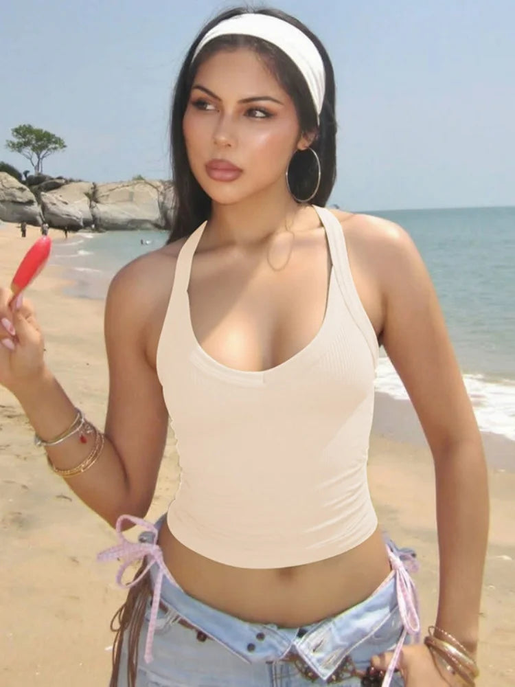 Solid Color Ribbed Knitted Tanks & Camis Low Cut Backless Halter Tops for Woman Basic Summer Crop Top