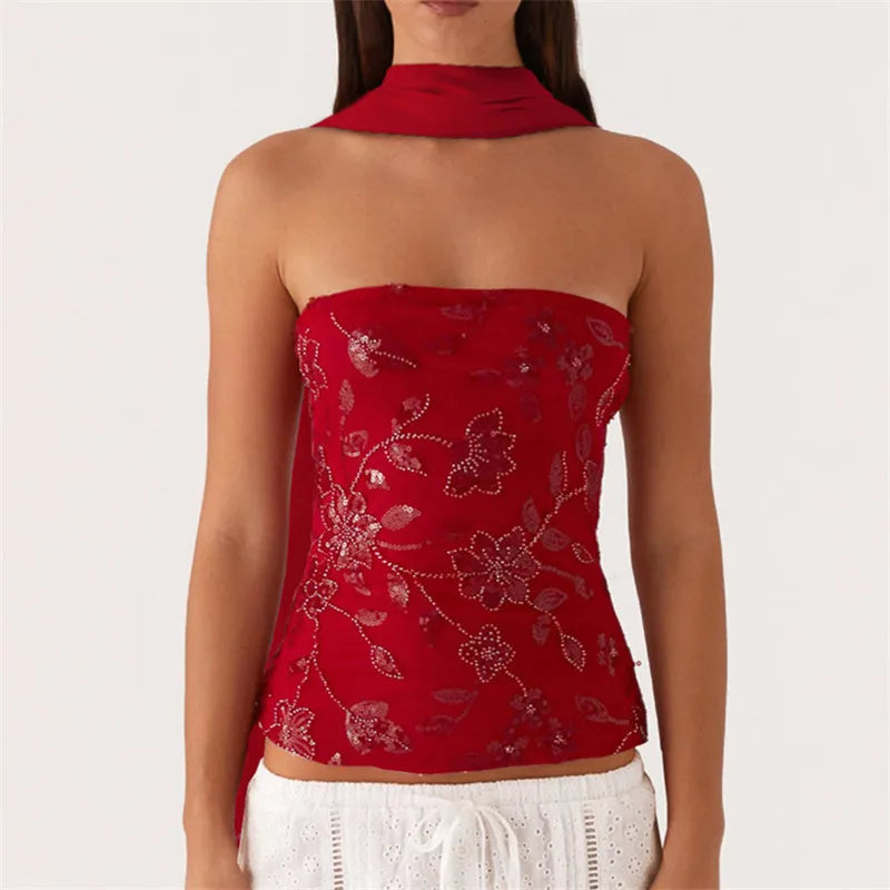 Women Y2K Sequin Tube Top with Scarf Sexy Backless Pearl Embellished Beaded Cami Bling Glitter Rhinestone Camisole