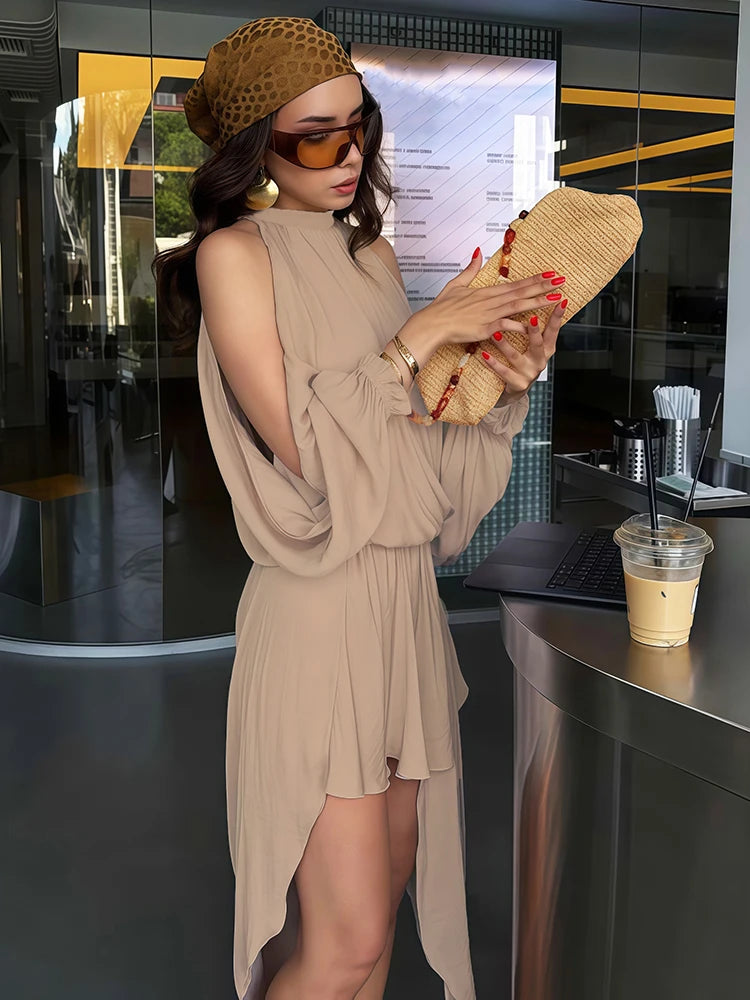 Sexy Off-Shoulder Hollow Dress Women Fashion Turtleneck Ruched Full Sleeve Irregular Hem Elegant Party Club Outfits