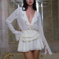 Deep V Neck Ruffled Sexy Mini Dress For Women Chiffon Lace-up Long Sleeve High Waist Ruched Club Party Ruffle Dress