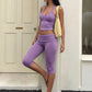 Haler Summer 2 Piece Set Women Fashion Backless Low-Neck Tank Top+Ruched Patchwork Capri Pants High Street Simple Suits