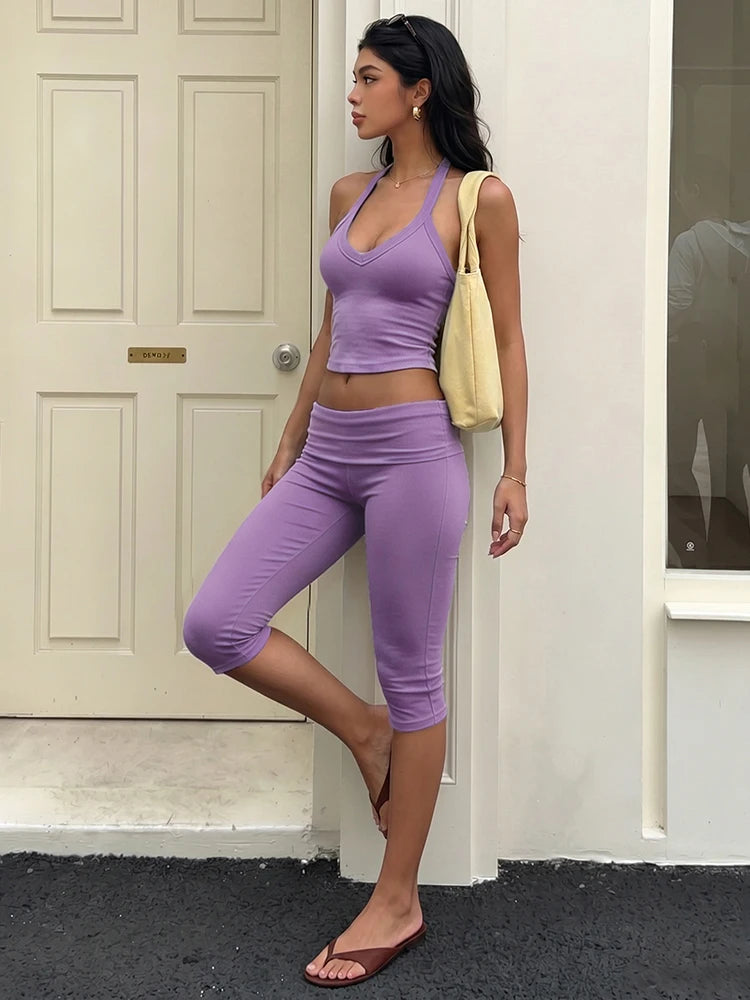 Haler Summer 2 Piece Set Women Fashion Backless Low-Neck Tank Top+Ruched Patchwork Capri Pants High Street Simple Suits
