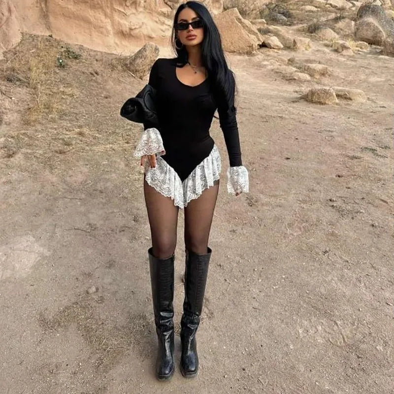 Sexy Rompers Playsuits Woman Clothes Lace Trim Long Sleeve Short Jumpsuit Sexy Black One Pieces Outfits