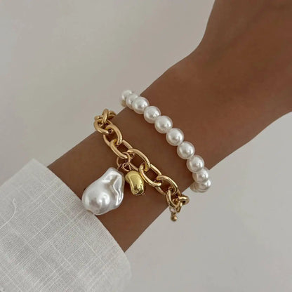 Boho Imitation Pearls Beads Bracelets Women Retro Elegant Irregular Geometry Metal Pendant Hand Chain New Year Jewelry