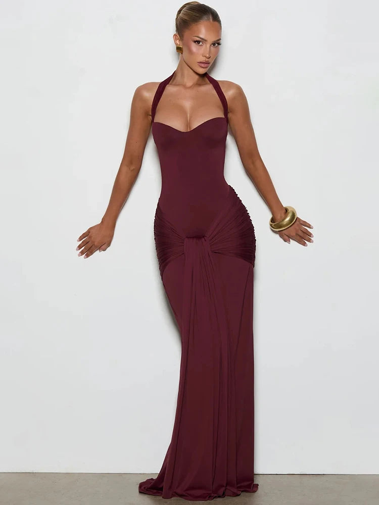Women Halter Backless Sexy Maxi Dress Elegant Sleeveless Ruched Waist Draped Bodycon Club Party Evening Cocktail Dress