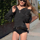 Fashion 2-Piece Set Women v-Neck Full Sleeve Folds Skinny t-Shirt+Elastic Waist Asymmetrical Hem Short Hottie Suit