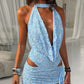 Sequins Patchwork 2 Piece Set Woman Summer Trend Swing Collar Sleeveless Bodysuits+Mini Skirts Beach Party Style Suit