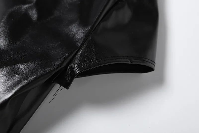 PU Leather Black Crop Tops for Woman Sexy Stand Collar Short Sleeve T Shirts Spring 2026 Fashion
