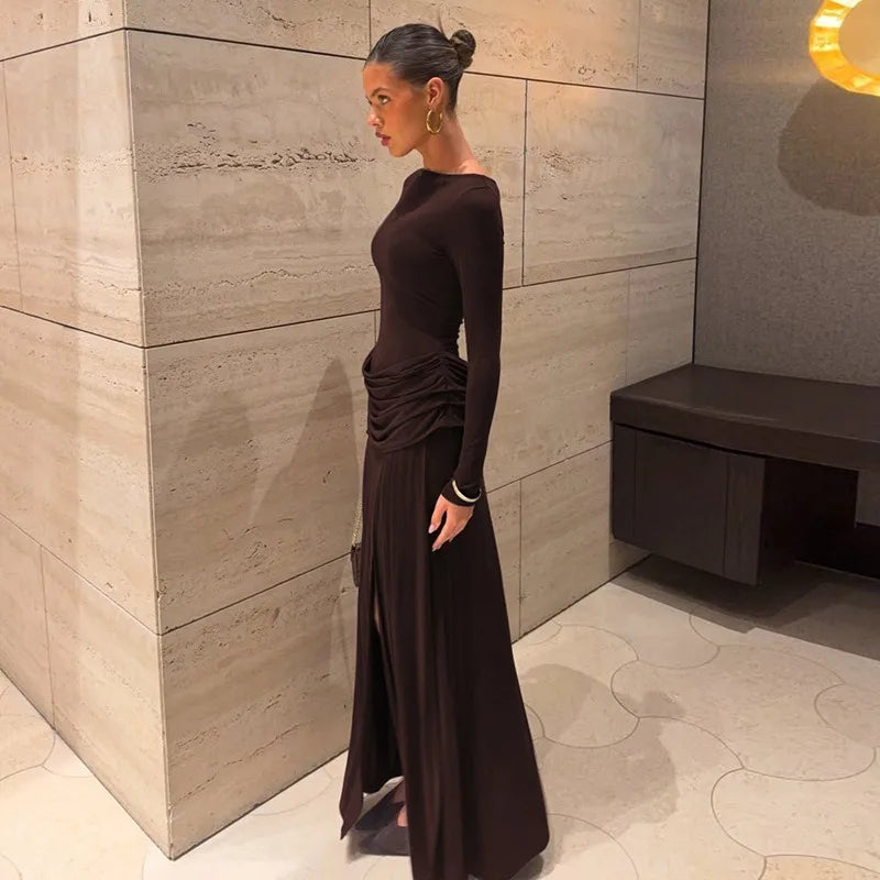 Long Sleeve Maxi Dress with Draped Waist and High Side Slit Elegant Brown Dresses for Woman Fall Winter 2026
